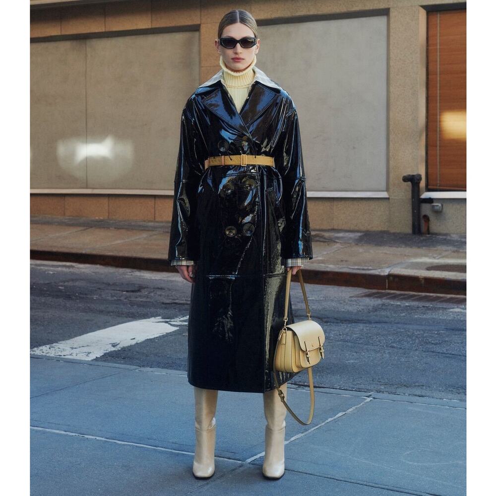 Tory Burch Black Patent Leather Trench Coat Belted Size 6